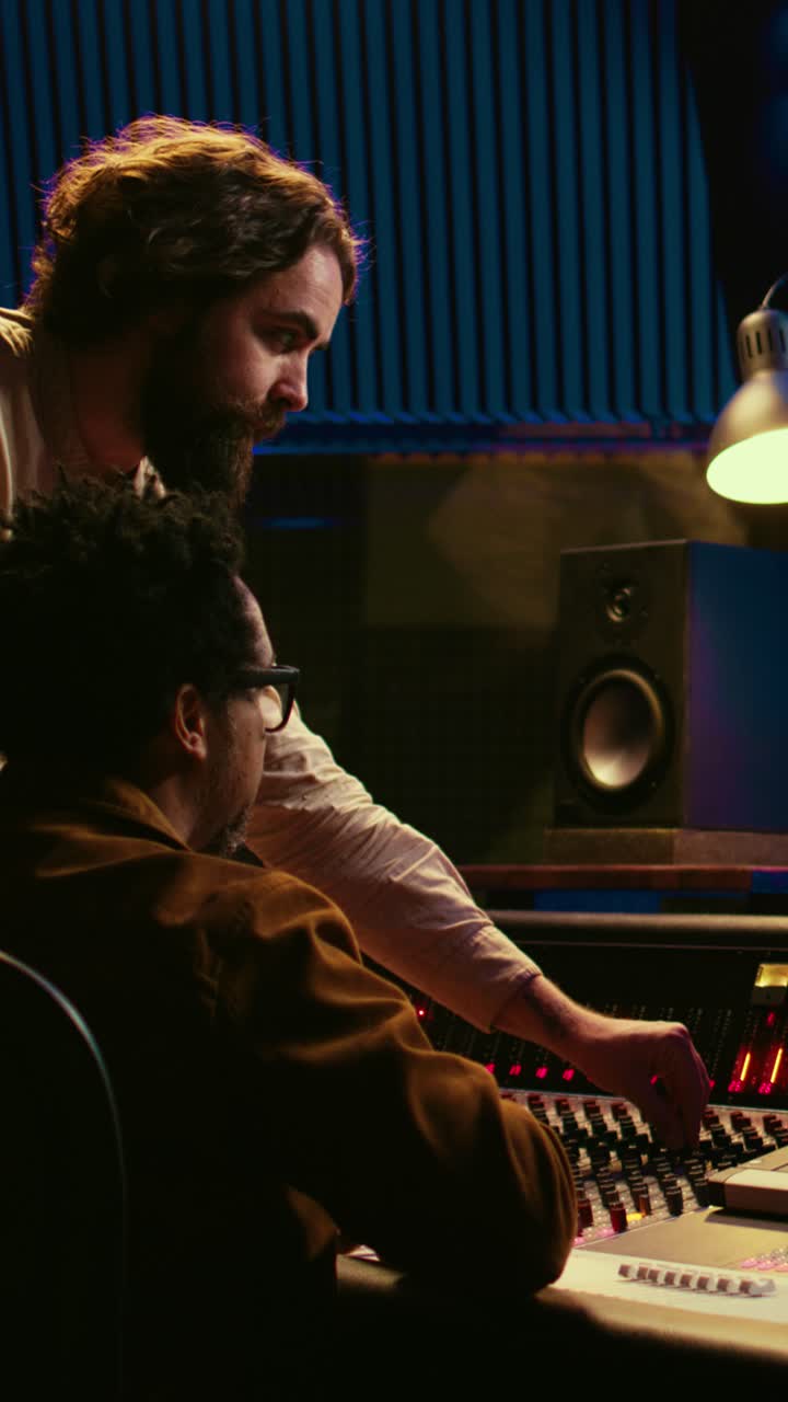 Two Men Collaborating on a Sound Mixing Console in a Recording Studio