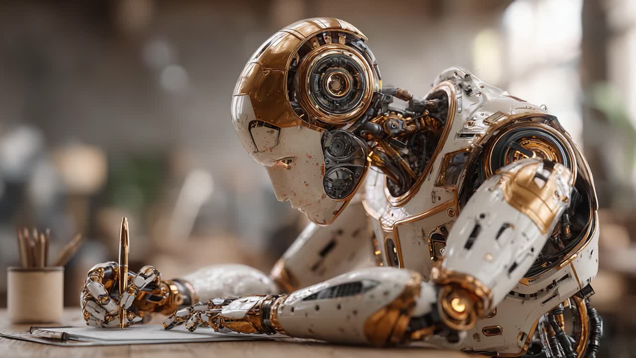 Un essere robotico futuristico intento a scrivere, che mostra tecnologia avanzata e un design intricato in un ambiente di lavoro moderno