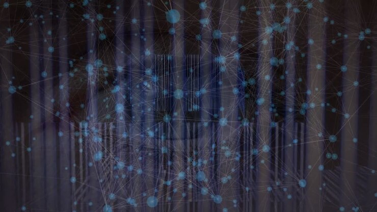 Animation of connections and eye of caucasian woman