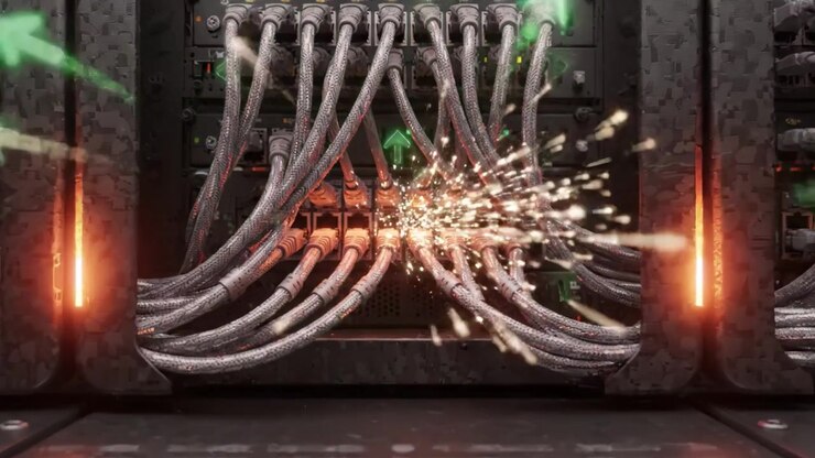 Intricate Network Connections Revealed in a Data Center with High-Tech Racks and Modern Cabling System, Highlighting the Complexity of Digital Infrastructure