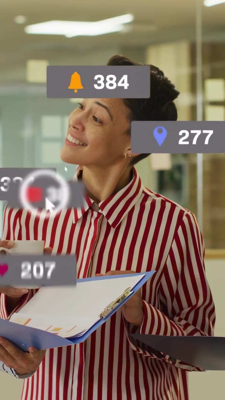 Colleague speaking starting badges drifting as woman tilting smiling reading charts showing metrics