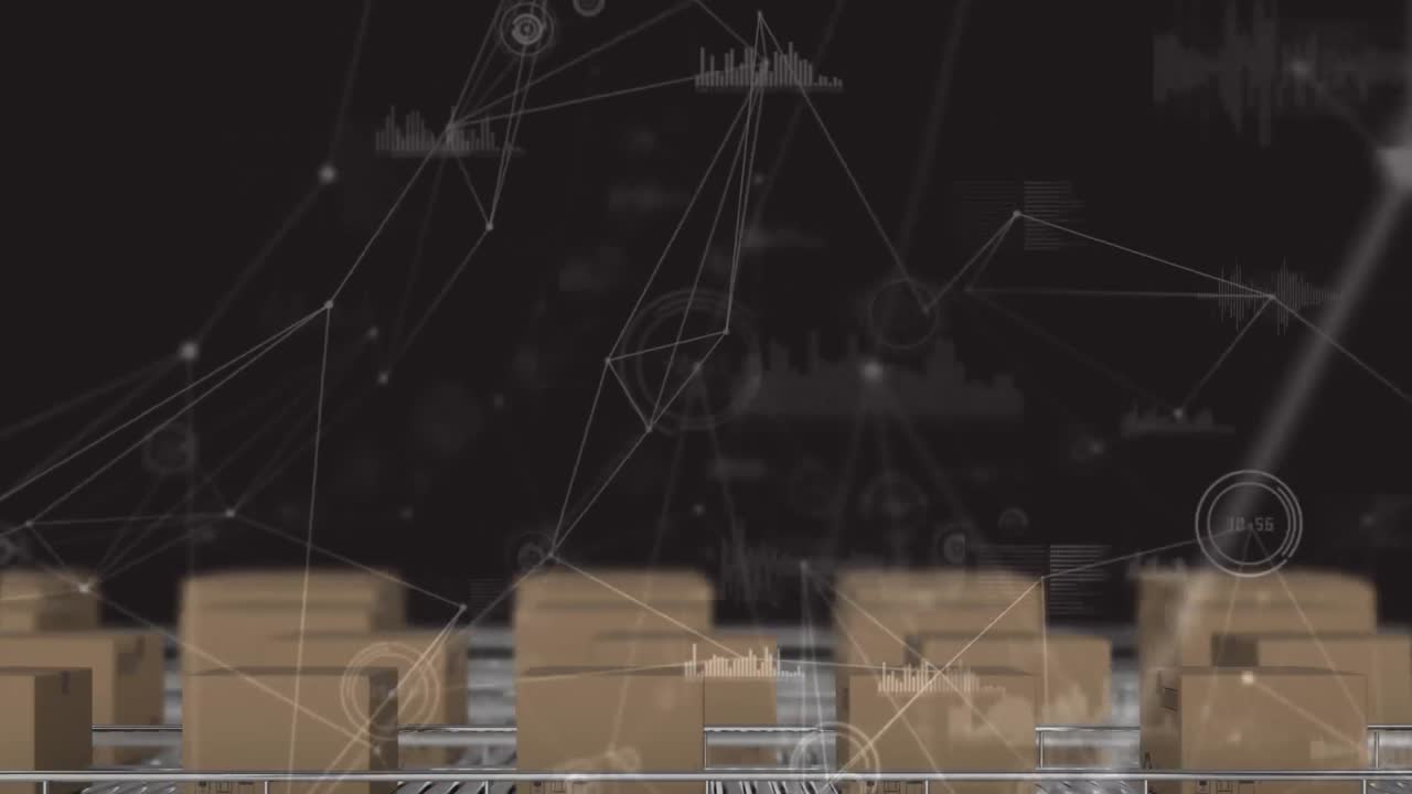 창고의 컨베이어 벨트에 있는 상자 위의 연결 네트워크의 애니메이션