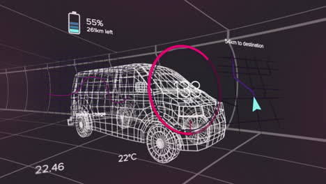 animación de números cambiantes en círculo, icono de batería, flecha en el patrón del mapa sobre el modelo 3d de la furgoneta