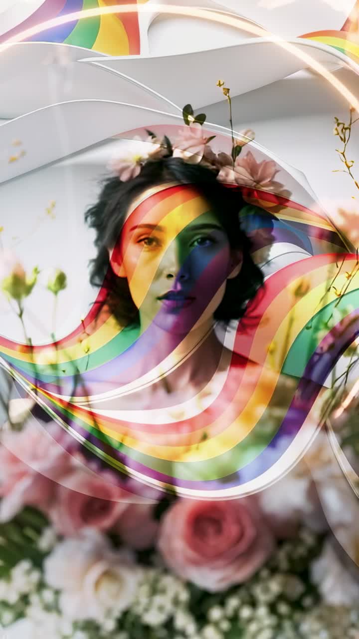 Vertical video: After pause rainbow arcs animating around glass vase at home revealing woman's face