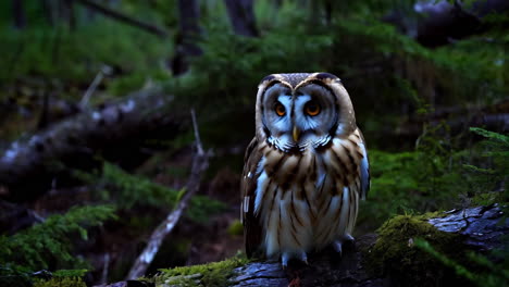 an owl perched on a mossy log in a forest