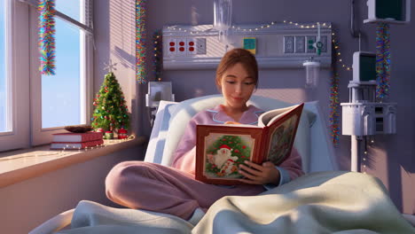 woman reading christmas book in hospital bed