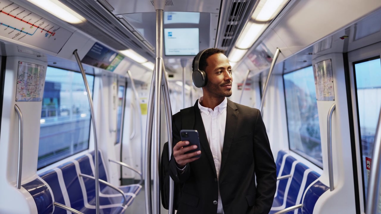 Young Businessman Using Smartphone and Headphones on a Commuter Train