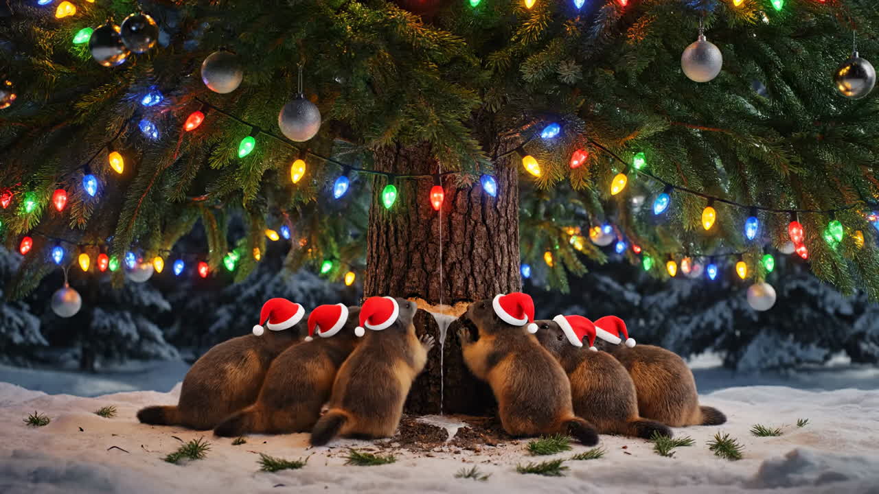 Squirrels celebrate together!. A group of squirrels wearing Santa hats gather around a festive fire. Colorful lights enhance the cheerful scene