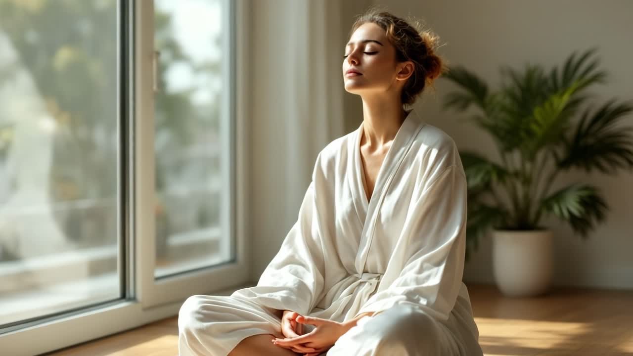 Woman dressed in a white robe is sitting cross-legged on the floor, meditating in a serene environment, with sunlight streaming through the window and plants enhancing the tranquil atmosphere