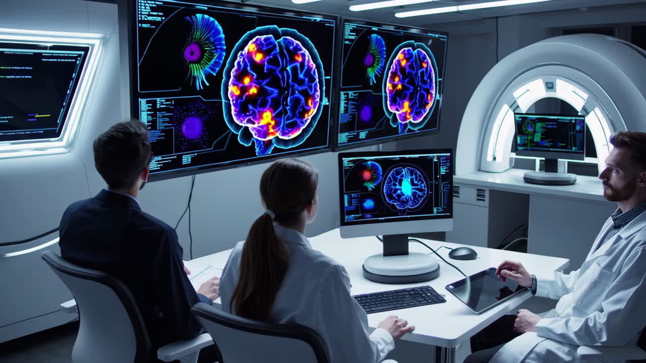 Scientists Analyzing Brain Scans in a Futuristic Lab