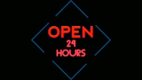 animation neon text open 24 hours on black background