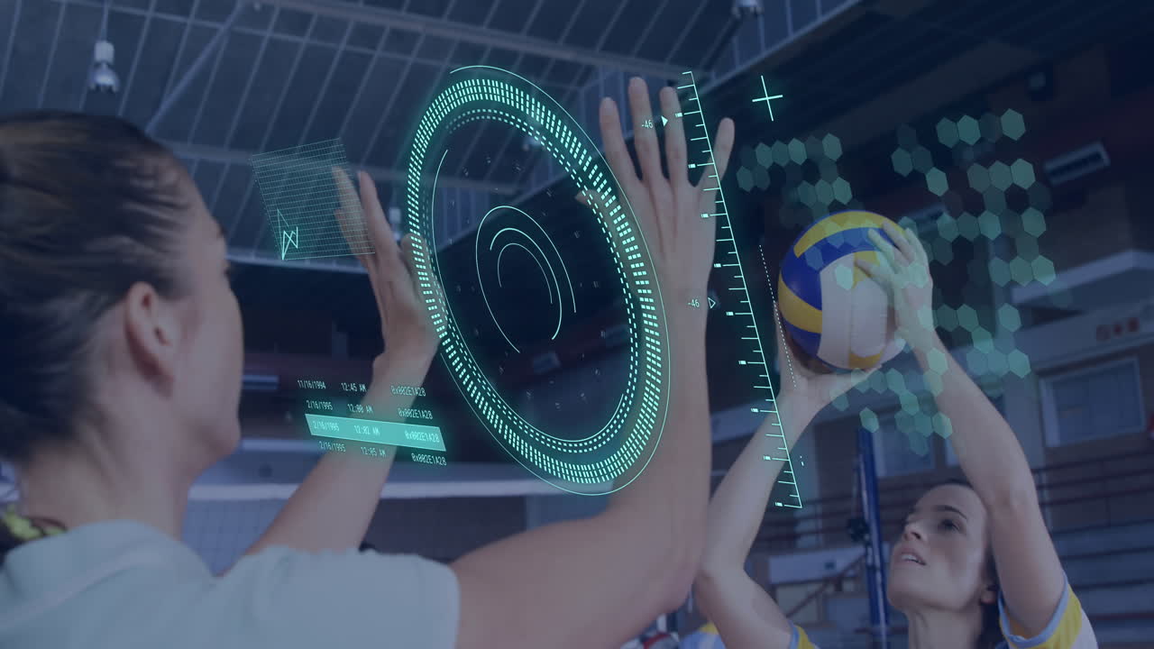 체육관에서 배구 경기를 하는 백인 여성에 대한 스 스캔과 데이터 처리의 애니메이션