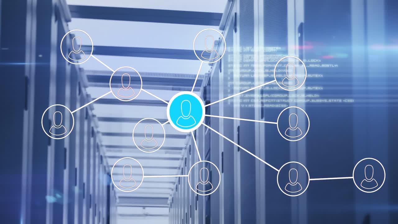 사람 아이콘의 애니메이션과 컴퓨터 서버를 통해 데이터 처리