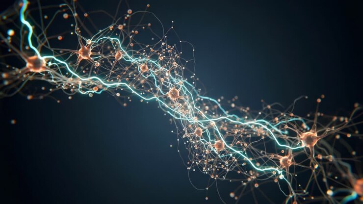 Una visualizzazione intricata di connessioni neurali e segnali elettrici che illustra la complessità dell'attività cerebrale in un ambiente di rete neurale digitale