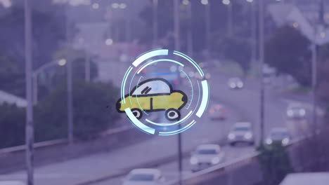animación del círculo de procesamiento y el tráfico de automóviles sobre la carretera.