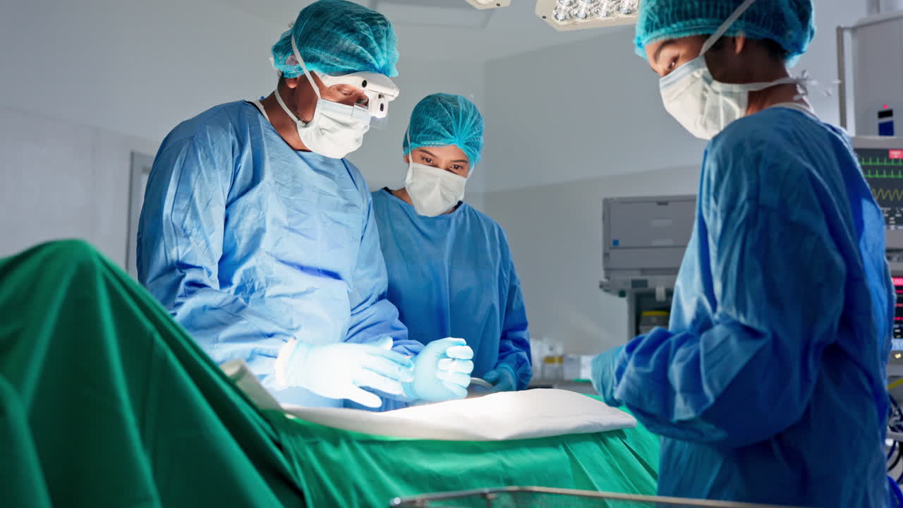 médico, equipo quirúrgico y apoyo en el teatro