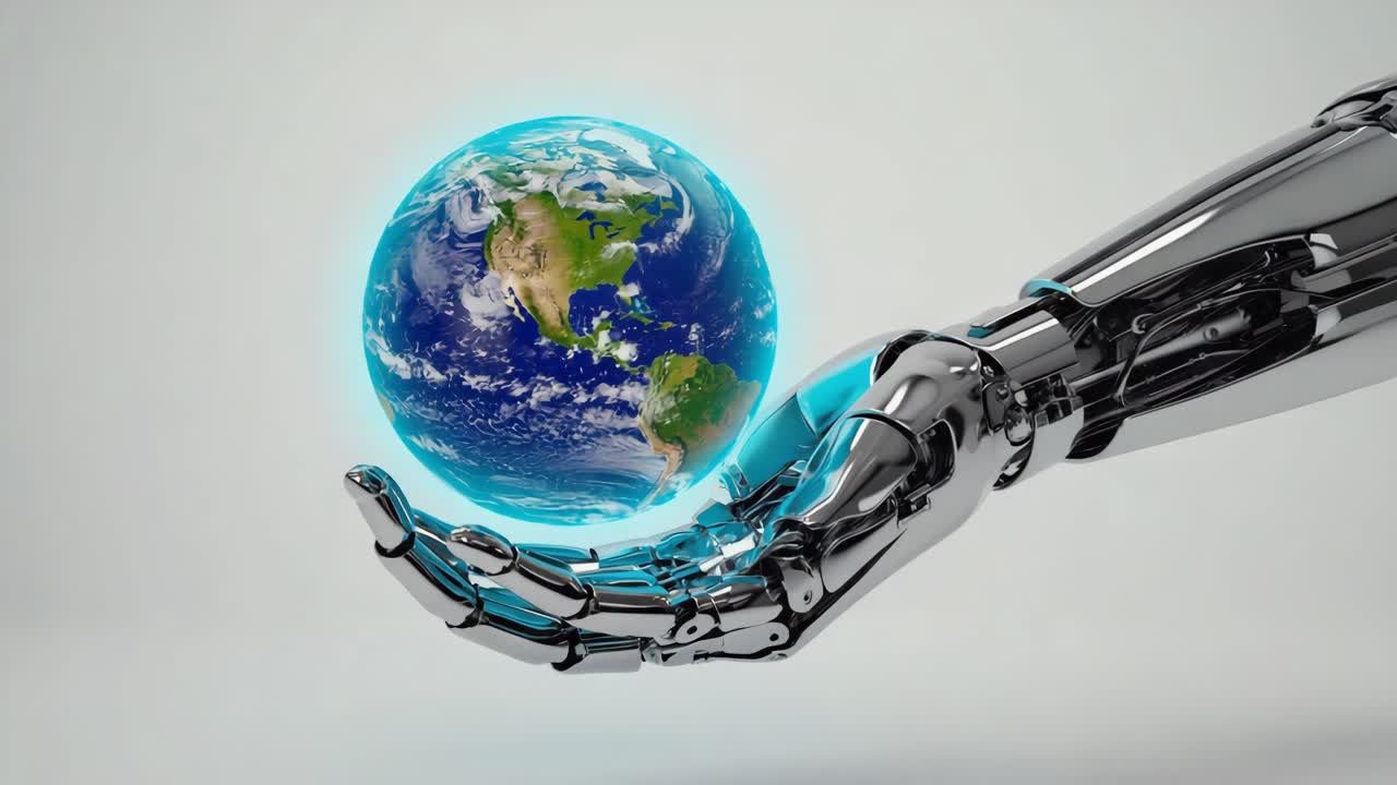 Robotic Arm Holding a Glowing Earth