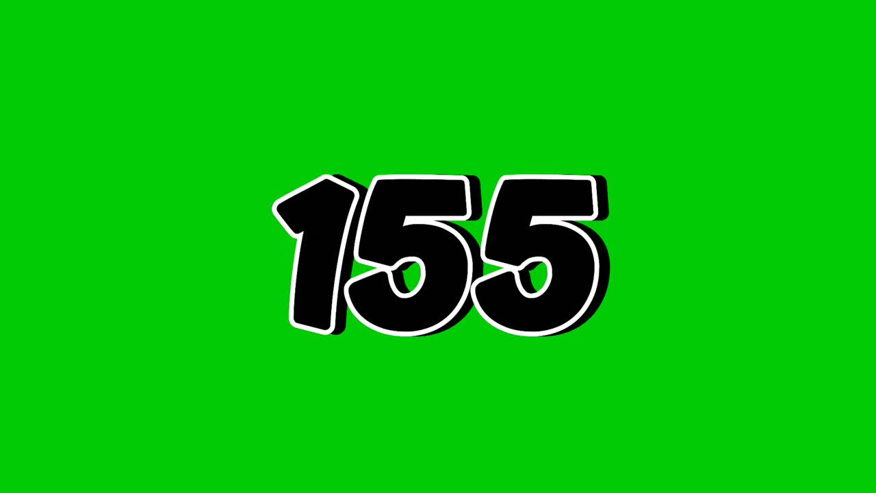 Number 155 symbol sign animation motion graphics cartoon on green screen background. Black color number reveal on smoke,for video number for video elements