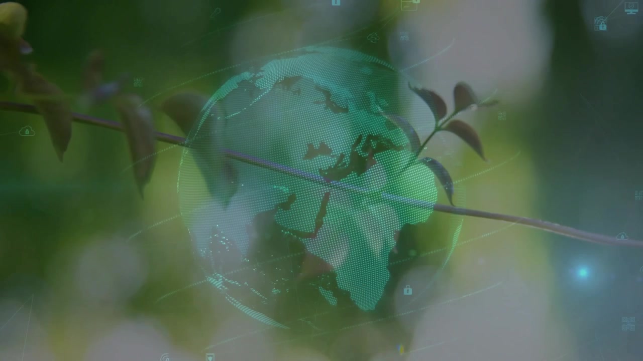 Globo verde azulado apareciendo sobre una rama, girando mientras iconos de candado y teléfono HUD muestran datos ambientales