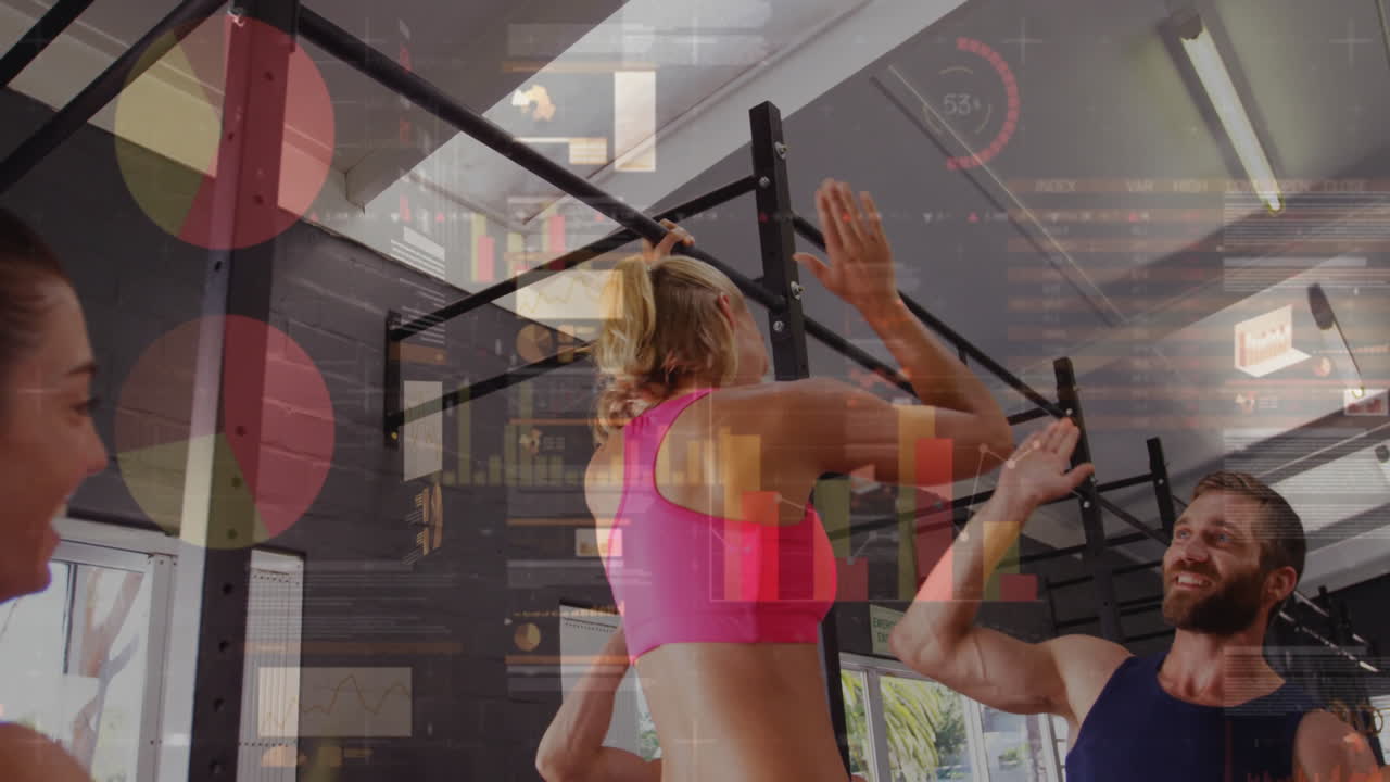 Workout partners pulling up at fitness studio, showing animated strength graph and heart icon