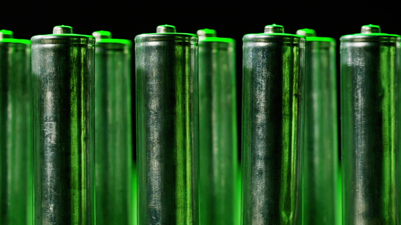 Silver batteries AA and AAA in neon light close-up. Double-A battery is a standard size single cell cylindrical dry battery. Batteries are common in portable electronic devices. An AA battery is composed of a single electrochemical cell that may be either a primary battery or a rechargeable battery.