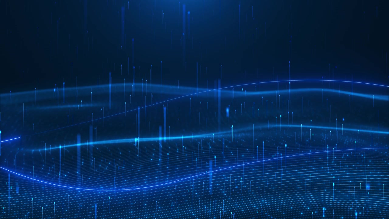 Futuristic data landscape wave visual with blue dotted surface vertical light rain and smooth