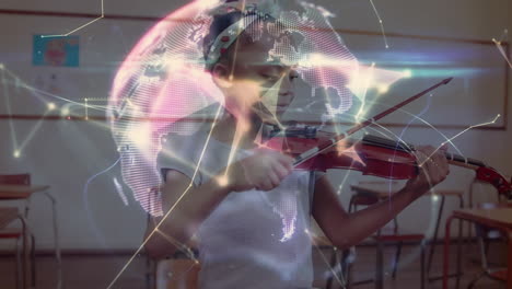 globe of network of connections over african american girl playing violin at elementary school