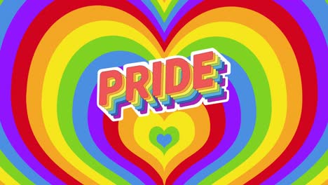 animación de texto de orgullo y banderas sobre el fondo de corazones arco iris.