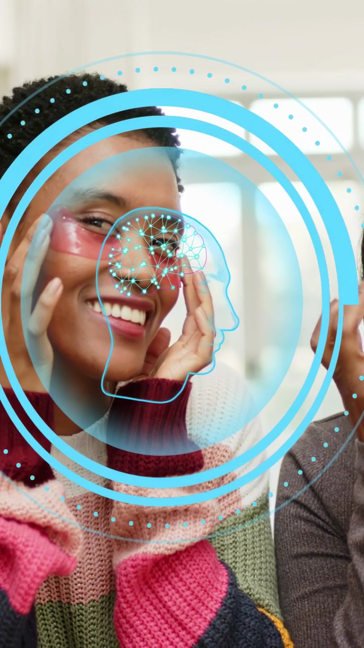 Vertical video: Left woman smiling, pressing pink patches while AR tracking face, showing skincare