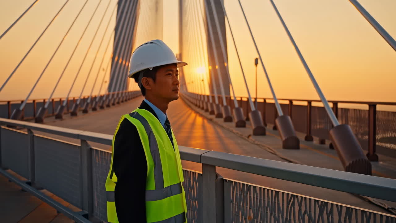 Ingeniero asiático en un puente al atardecer inspeccionando un tramo atirantado, con sombrero y chaleco de alta visibilidad, bajo una luz cálida.