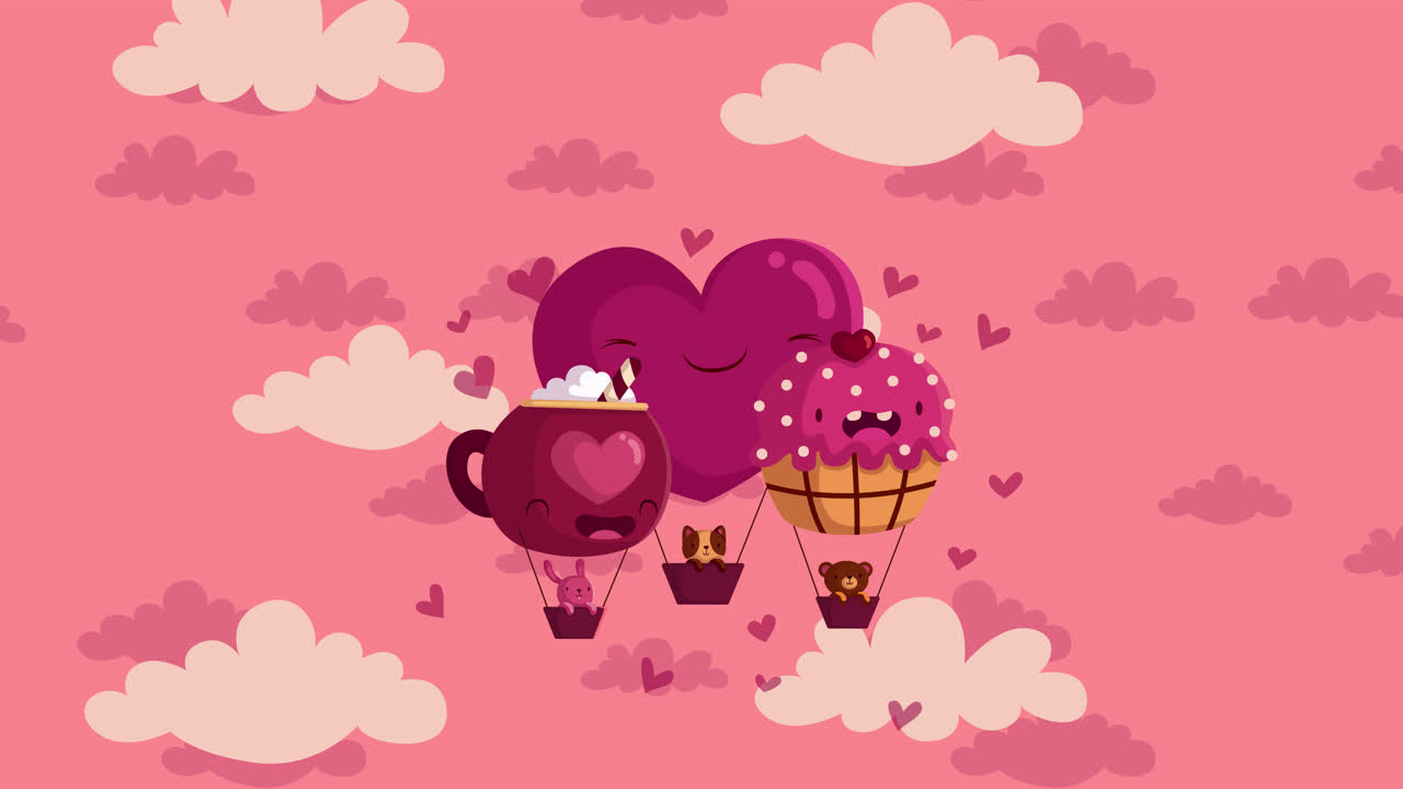 corazón lindo, taza y pastel de globos de aire caliente