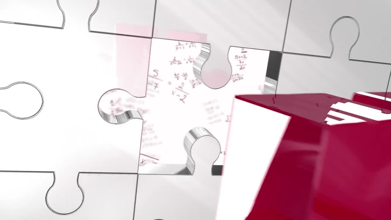 animación de la llave dorada con rompecabezas blancos y procesamiento de datos matemáticos en el fondo