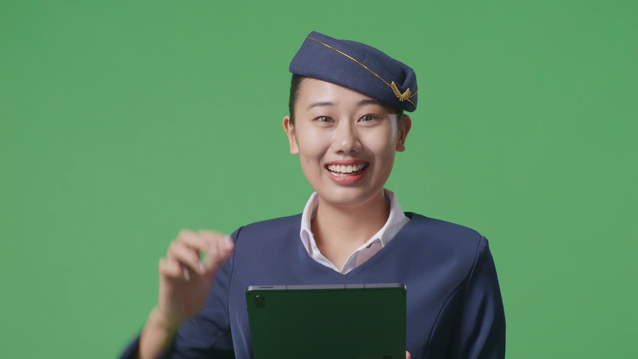 녹색 스크린 배경 스튜디오에 서 있는 동안 손에 태블릿을 가리키며 미소 짓는 아시아 여성 에어 호스테이스의 클로즈업