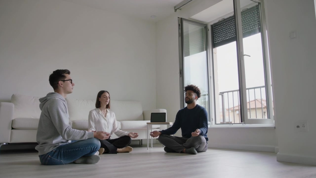 Tre adulti che si sistemano seduti in Gyan mudra per una meditazione di gruppo a casa, con abiti casual e un laptop.