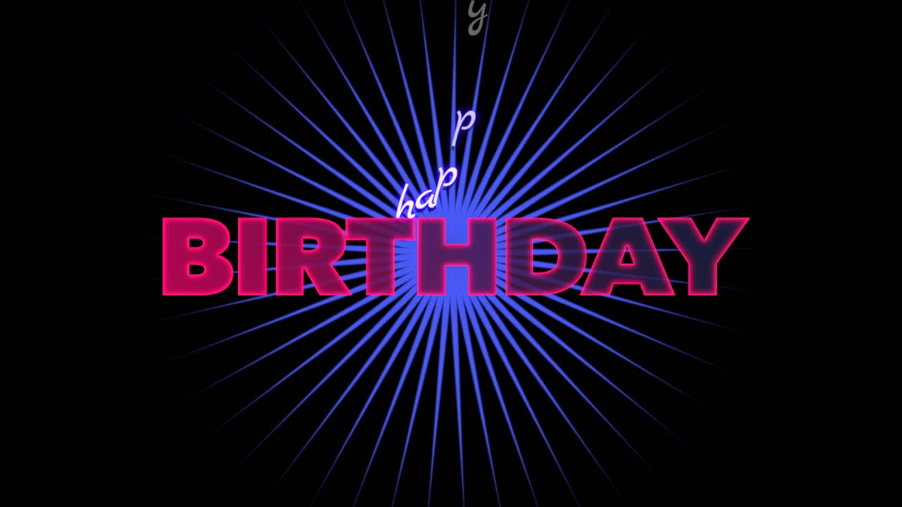 feliz cumpleaños con líneas retro de neón en degradado negro