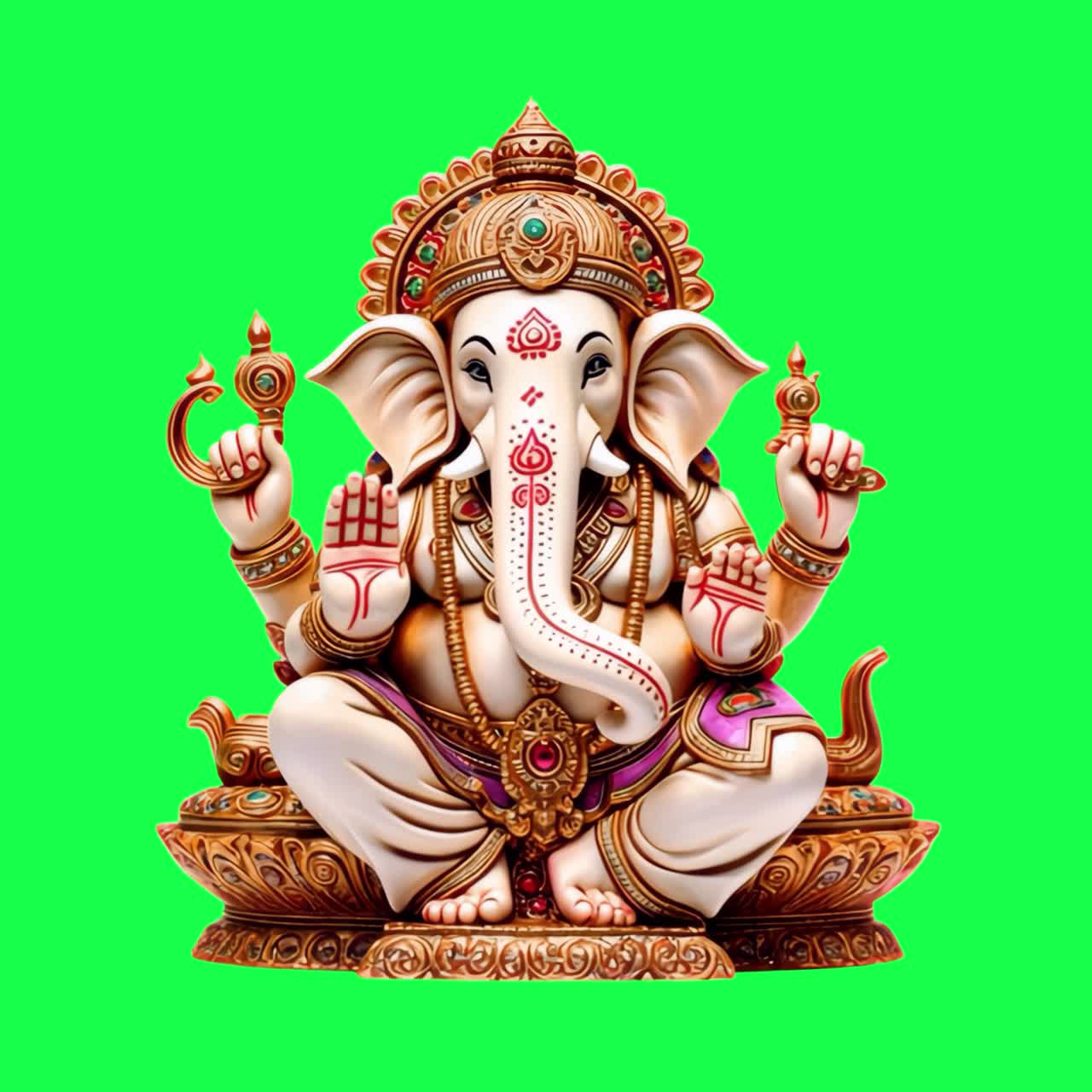 Animazione di un'immagine di statua di Ganesha colorata, video 4K trasparente, green screen.