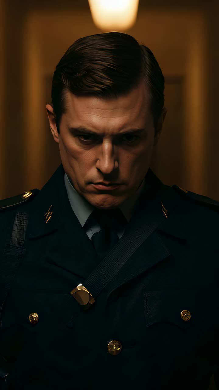 Vertical video: Standing uniformed man pausing after head shift, turning to door in corridor, badge