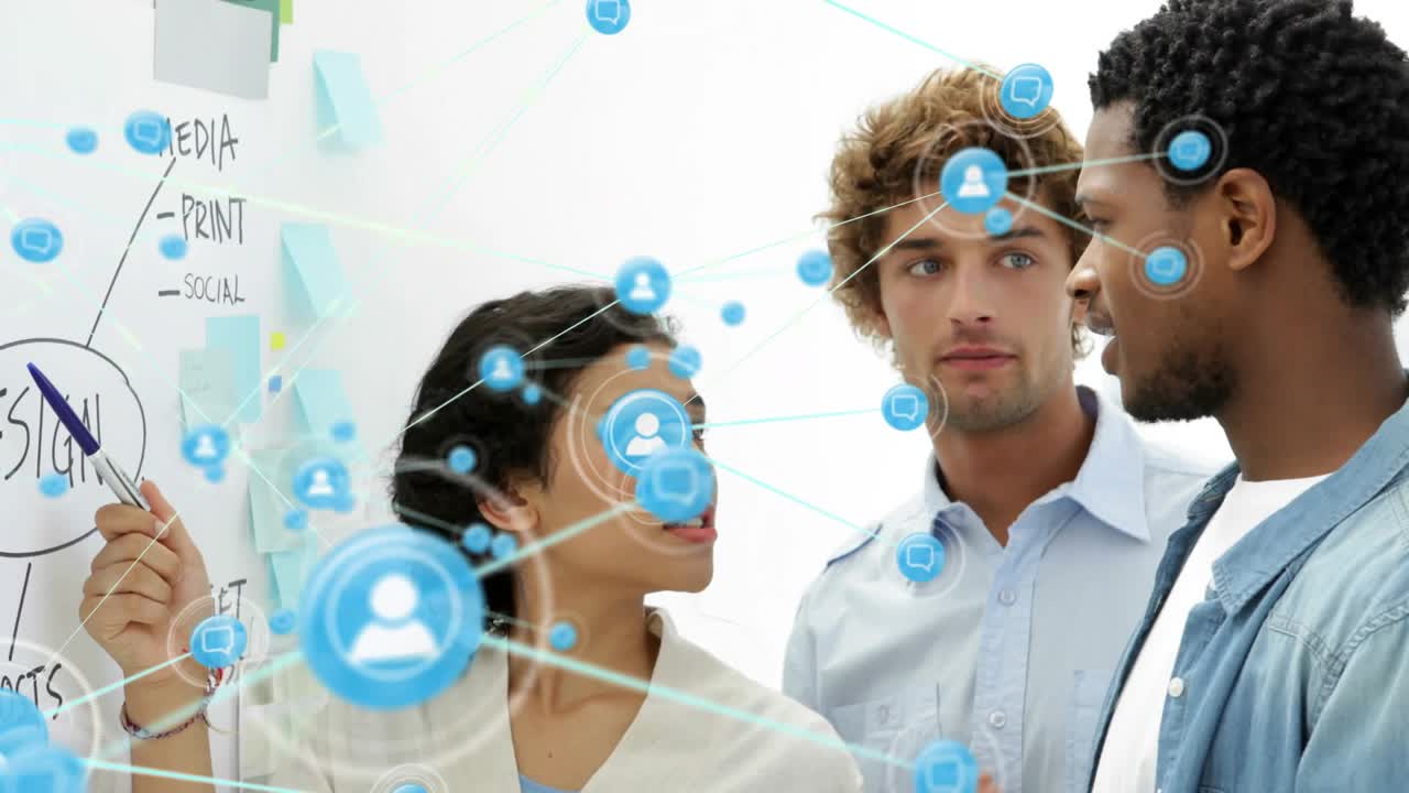 Woman tapping DESIGN mind map on whiteboard, team moving, blue overlay expanding, linking ideas