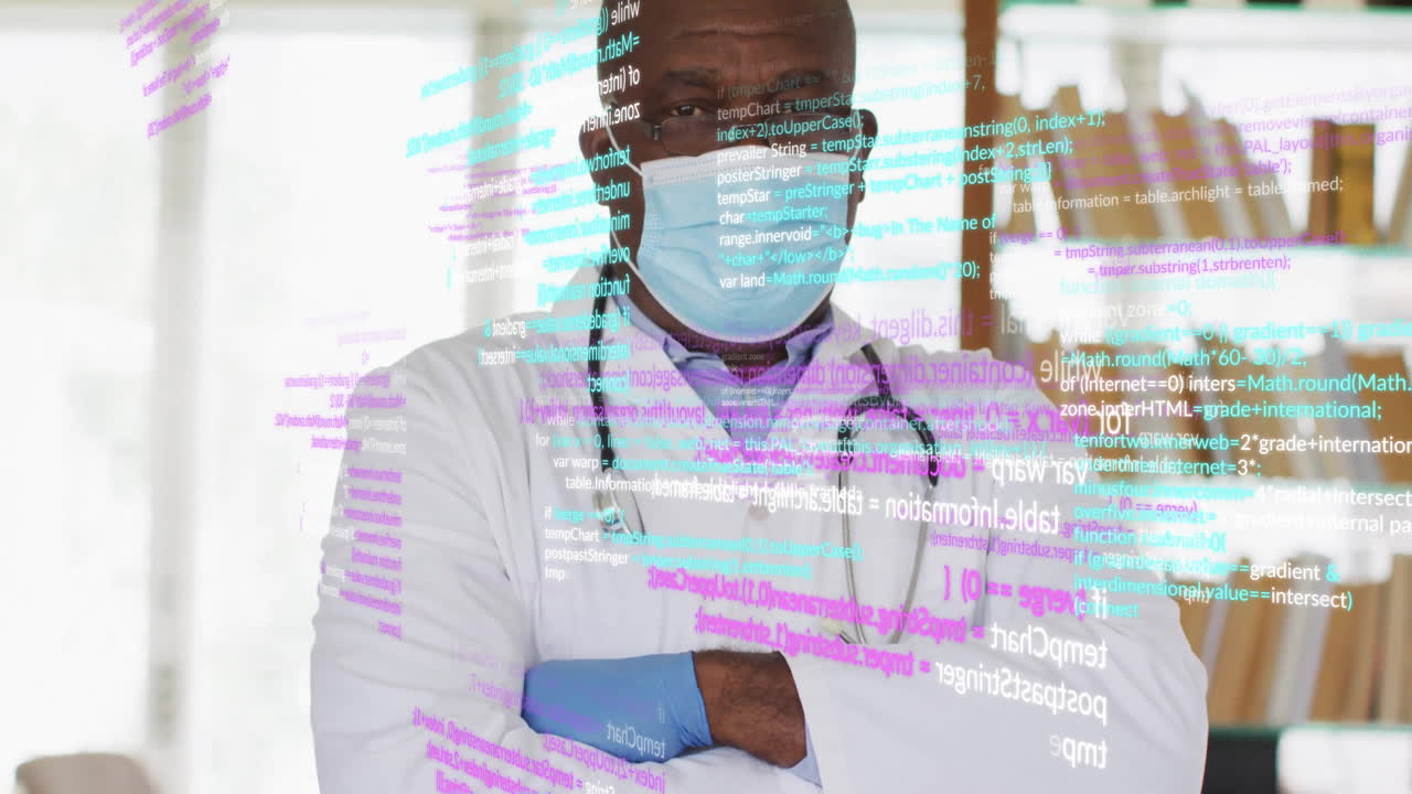 Animation of data processing over biracial male doctor with face mask