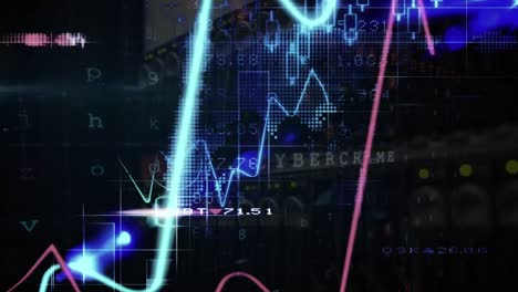 animación digital del procesamiento de datos estadísticos y de seguridad cibernética contra un fondo negro