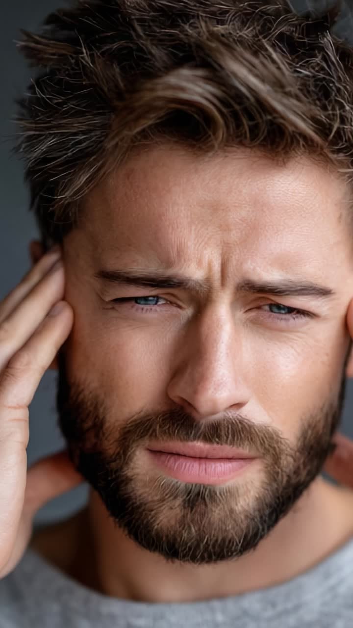 Primo piano espressivo di un uomo con un'espressione sofferente, che riflette contemplazione e lotta emotiva, mettendo in mostra sentimenti intensi e turbamento interiore