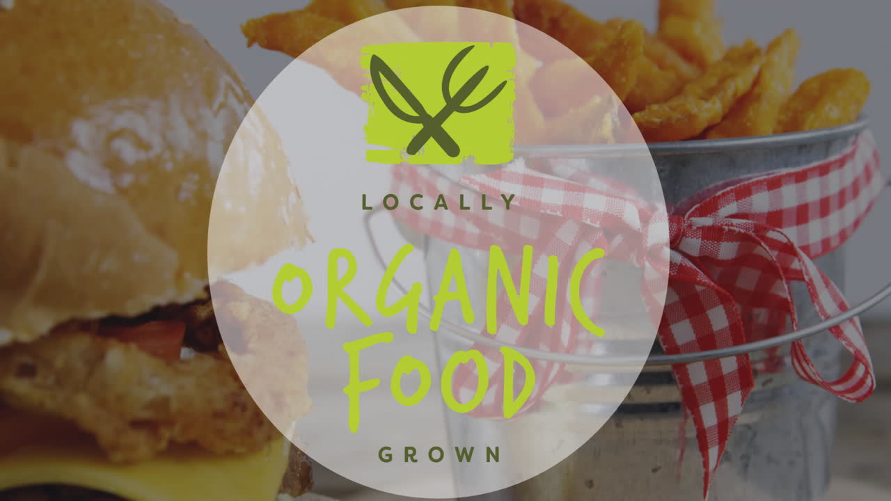 Locally organic food grown animation over burger and fries background