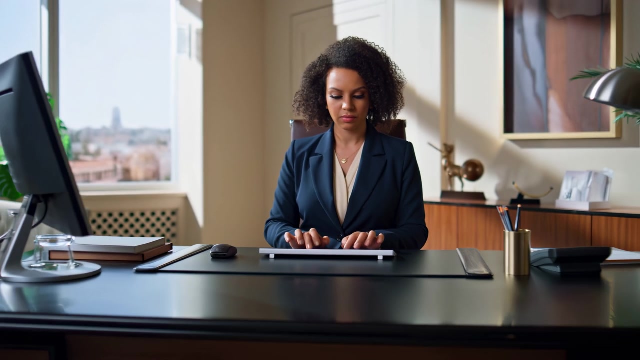 Seated woman continues typing with both hands while widening view reveals modern office setting with dark desktop, monitor, stationery, greenery, wall art, and warm daylight.