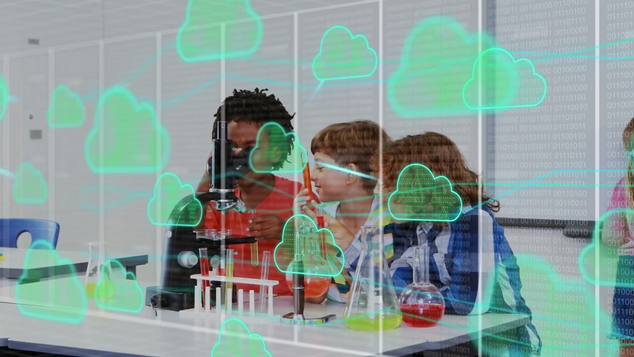 Girl writing board starting cloud overlay and grid while 3 boys testing scope, tubes doing science