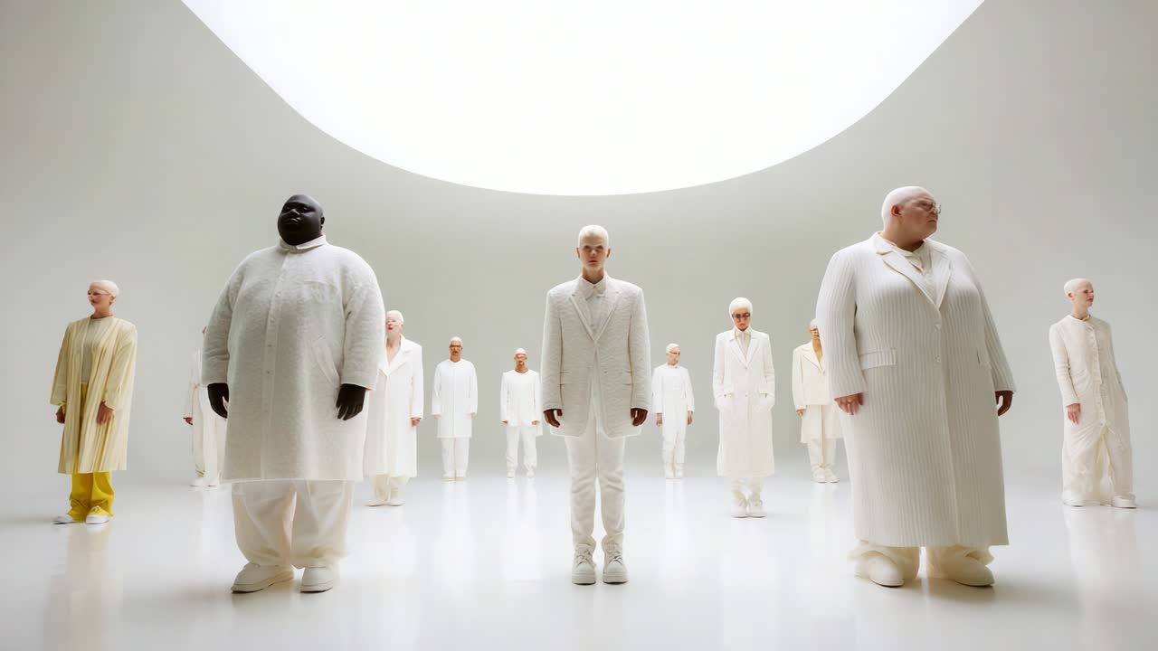 A Symbolic Assembly: Individuals in White Garments Stand Together in an Ethereal, Minimalist Space, Showcasing Unity and Distinctiveness in Their Unique Appearances and Expressions