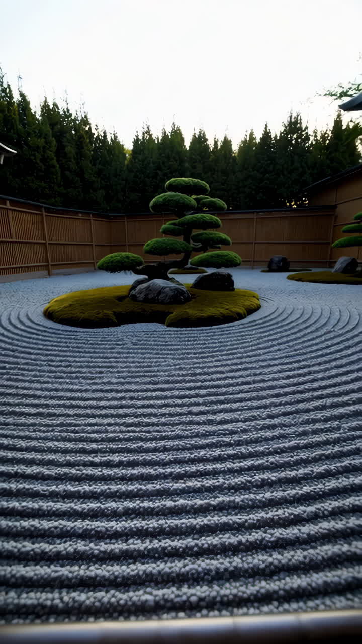 Tranquil Japanese Zen Garden with Gravel and Bonsai Trees