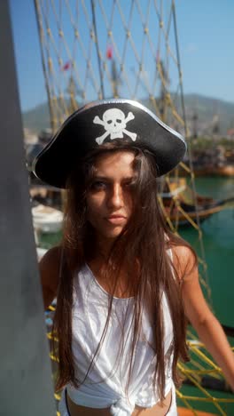 woman in pirate hat on a boat