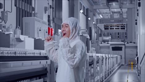 side view of asian male scientist celebrating the succeed while standing at pharmaceutical factory, vaccine production facility