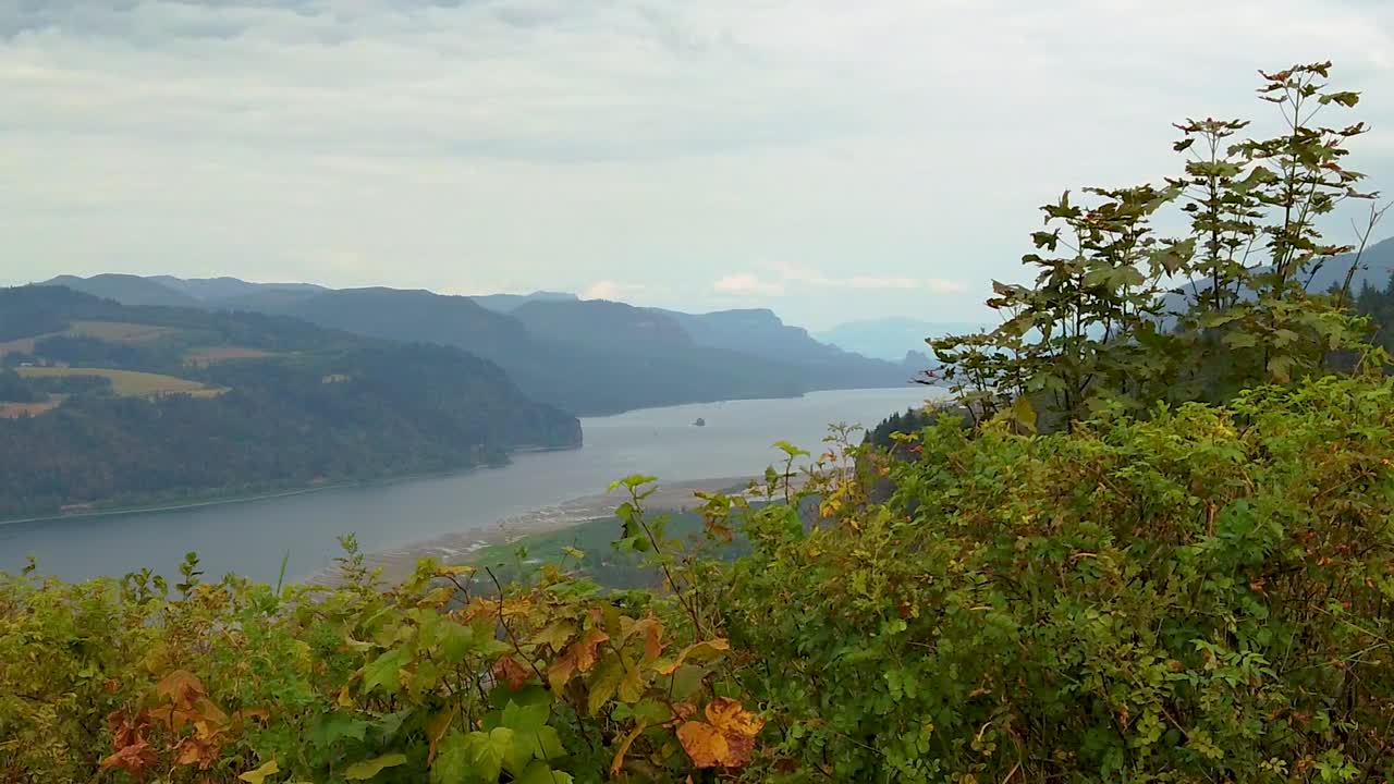 HD Scrape right to left along autumn hedges to reveal the Vista House on a cliff in the distance overlooking the Columbia River with mostly cloudy sky take two