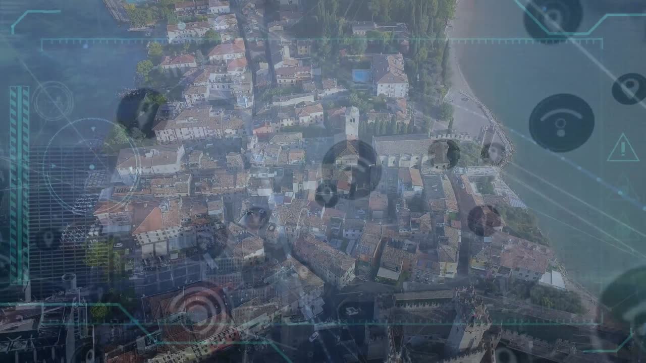 Animation of data processing and network of connections with icons over cityscape